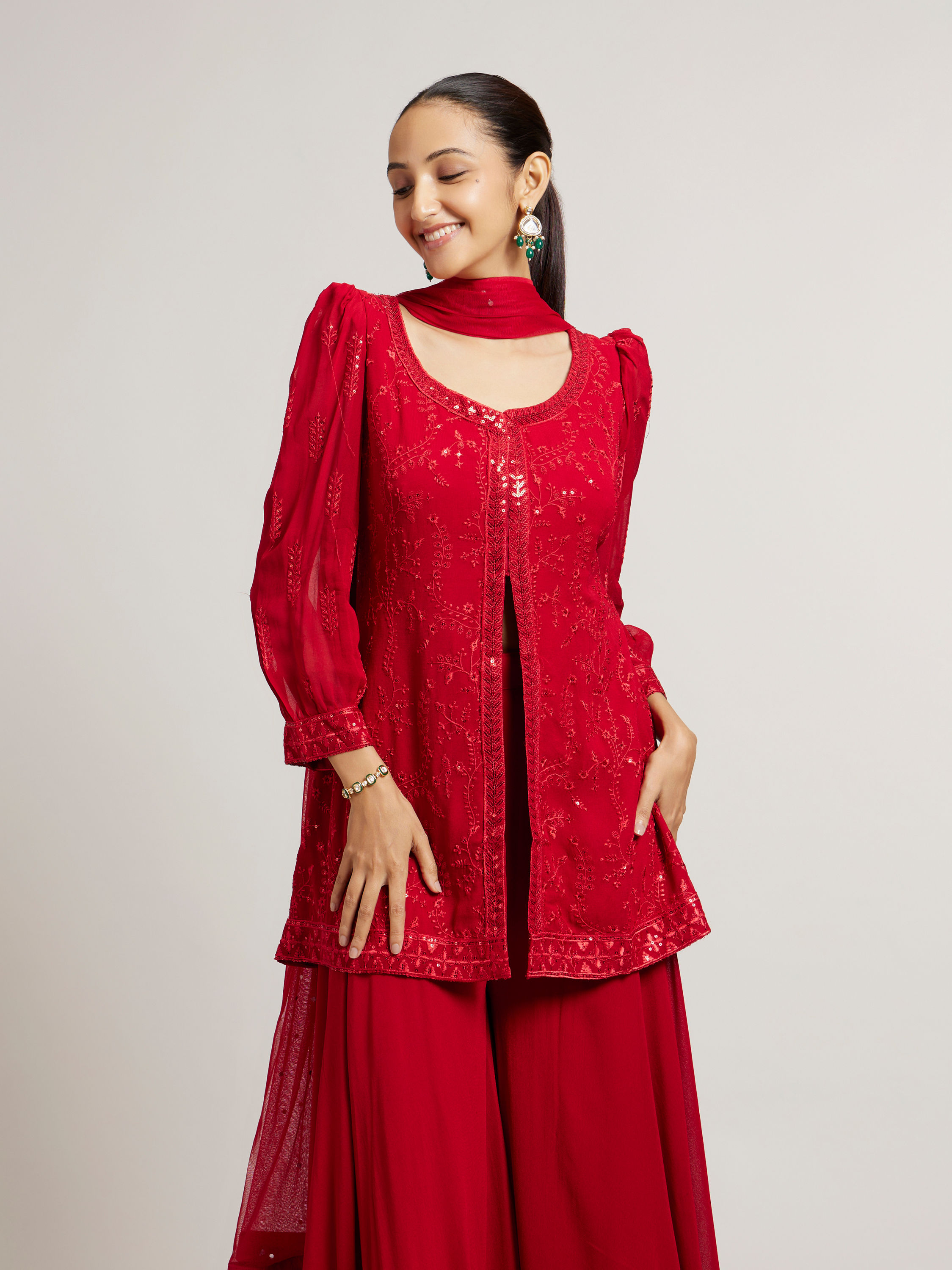 Mohey Women Cherry Red Bel Buti Embroidered Stitched Suit Set with Sequin Work & Cuffed Sleeves