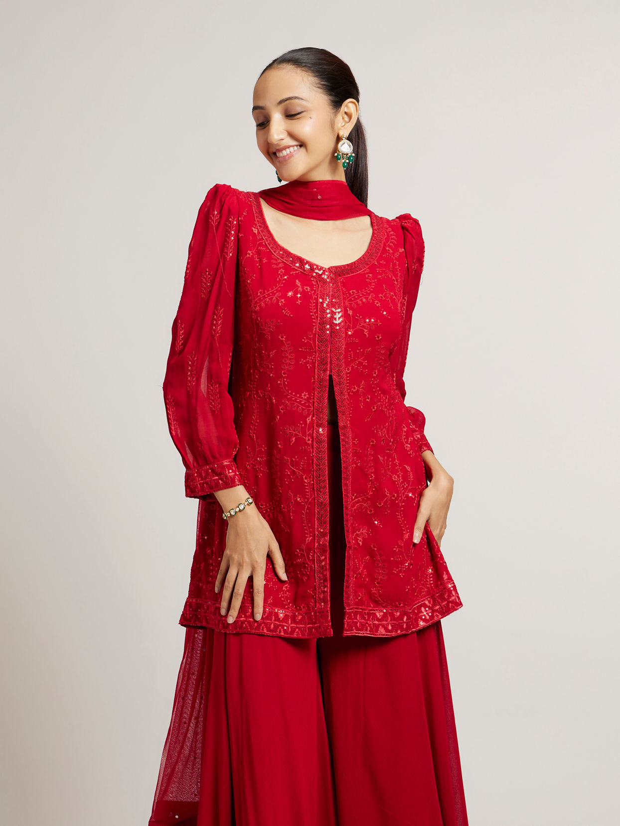 Mohey Women Cherry Red Bel Buti Embroidered Stitched Suit Set with Sequin Work & Cuffed Sleeves image number 1