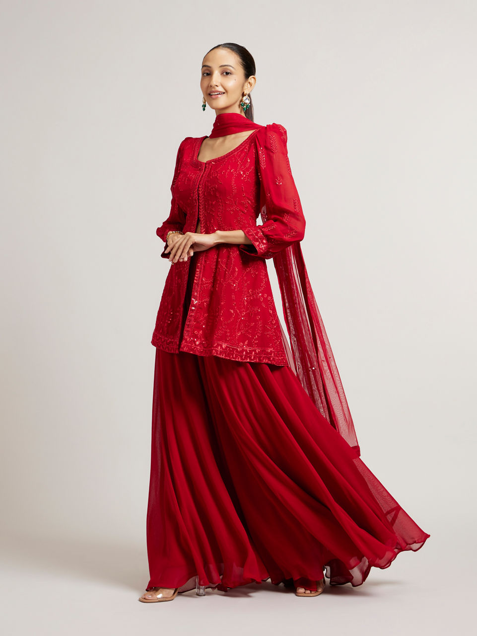 Mohey Women Cherry Red Bel Buti Embroidered Palazzo Suit Set