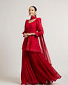 Mohey Women Cherry Red Bel Buti Embroidered Palazzo Suit Set