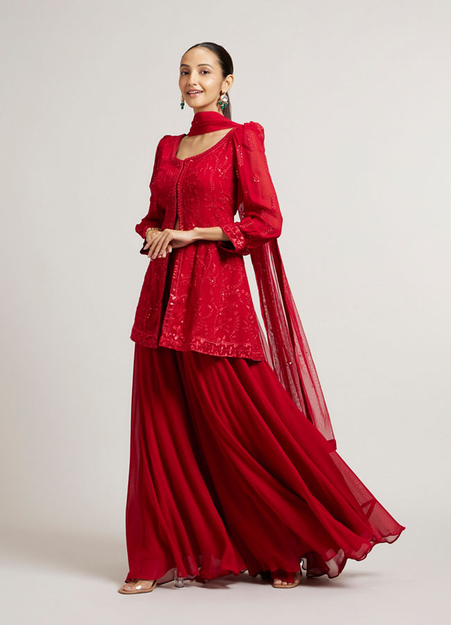 Mohey Women Cherry Red Bel Buti Embroidered Stitched Suit Set with Sequin Work & Cuffed Sleeves image number 2