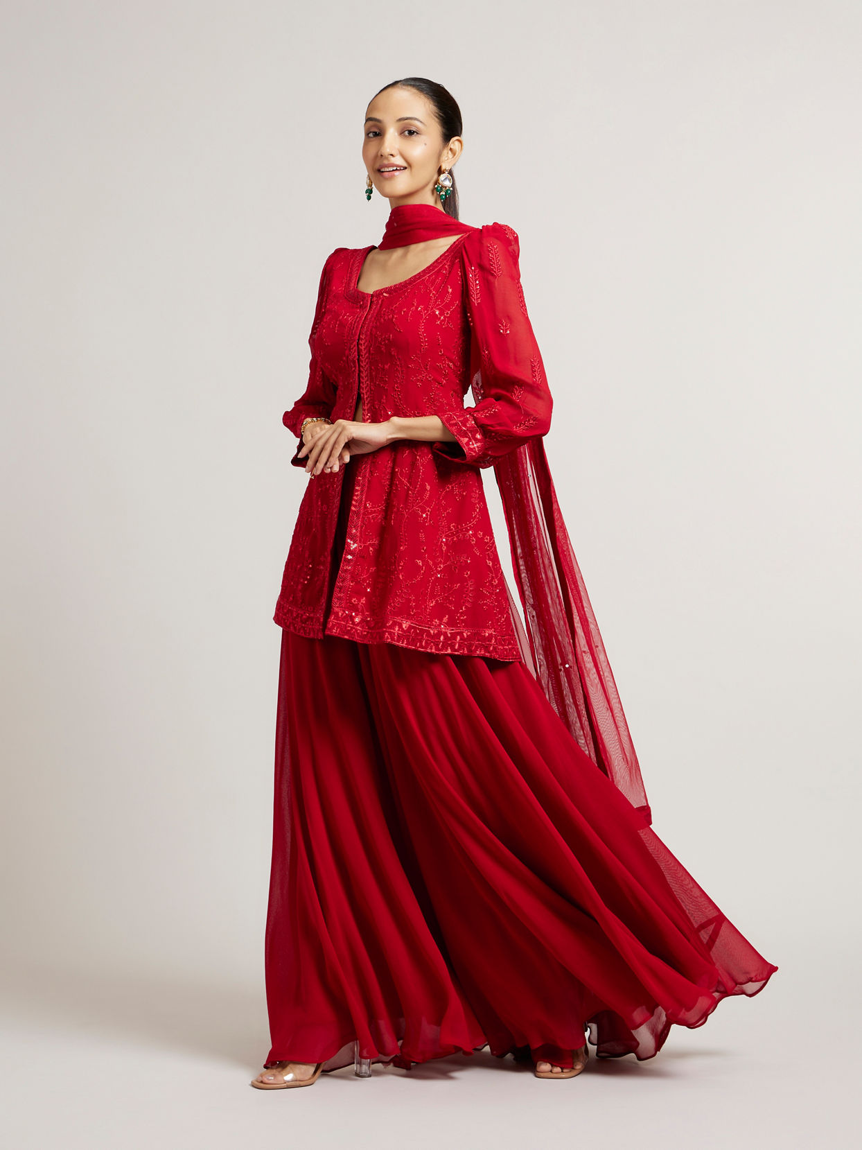 Mohey Women Cherry Red Bel Buti Embroidered Palazzo Suit Set