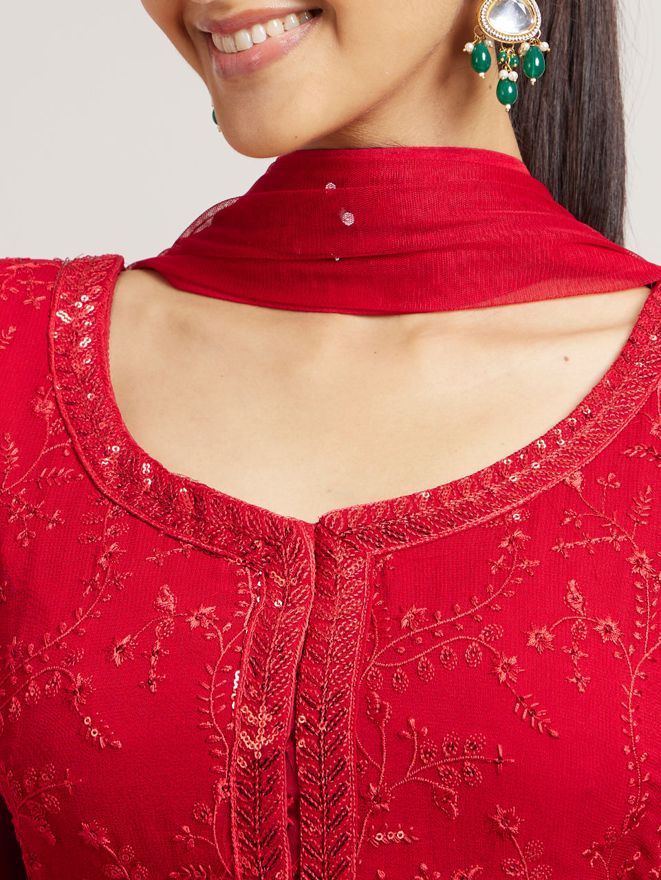 Mohey Women Cherry Red Bel Buti Embroidered Palazzo Suit Set