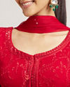 Mohey Women Cherry Red Bel Buti Embroidered Palazzo Suit Set