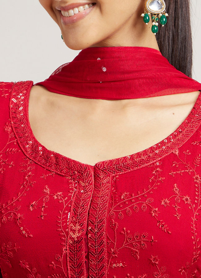 Mohey Women Cherry Red Bel Buti Embroidered Stitched Suit Set with Sequin Work & Cuffed Sleeves image number 3