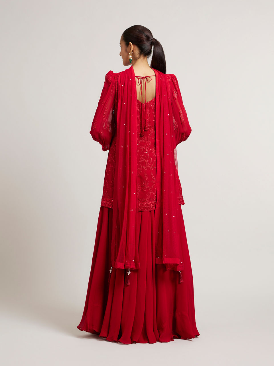 Mohey Women Cherry Red Bel Buti Embroidered Palazzo Suit Set