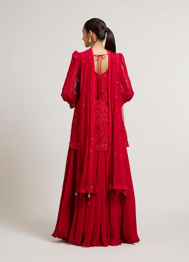 Mohey Women Cherry Red Bel Buti Embroidered Palazzo Suit Set