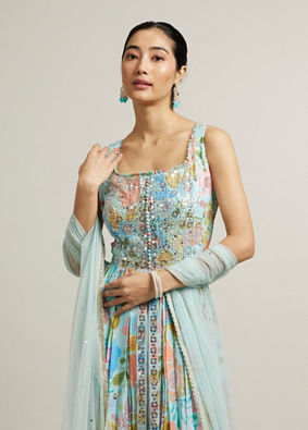 Mohey Women Light Blue Floral Printed Anarkali Suit with Sequin Work