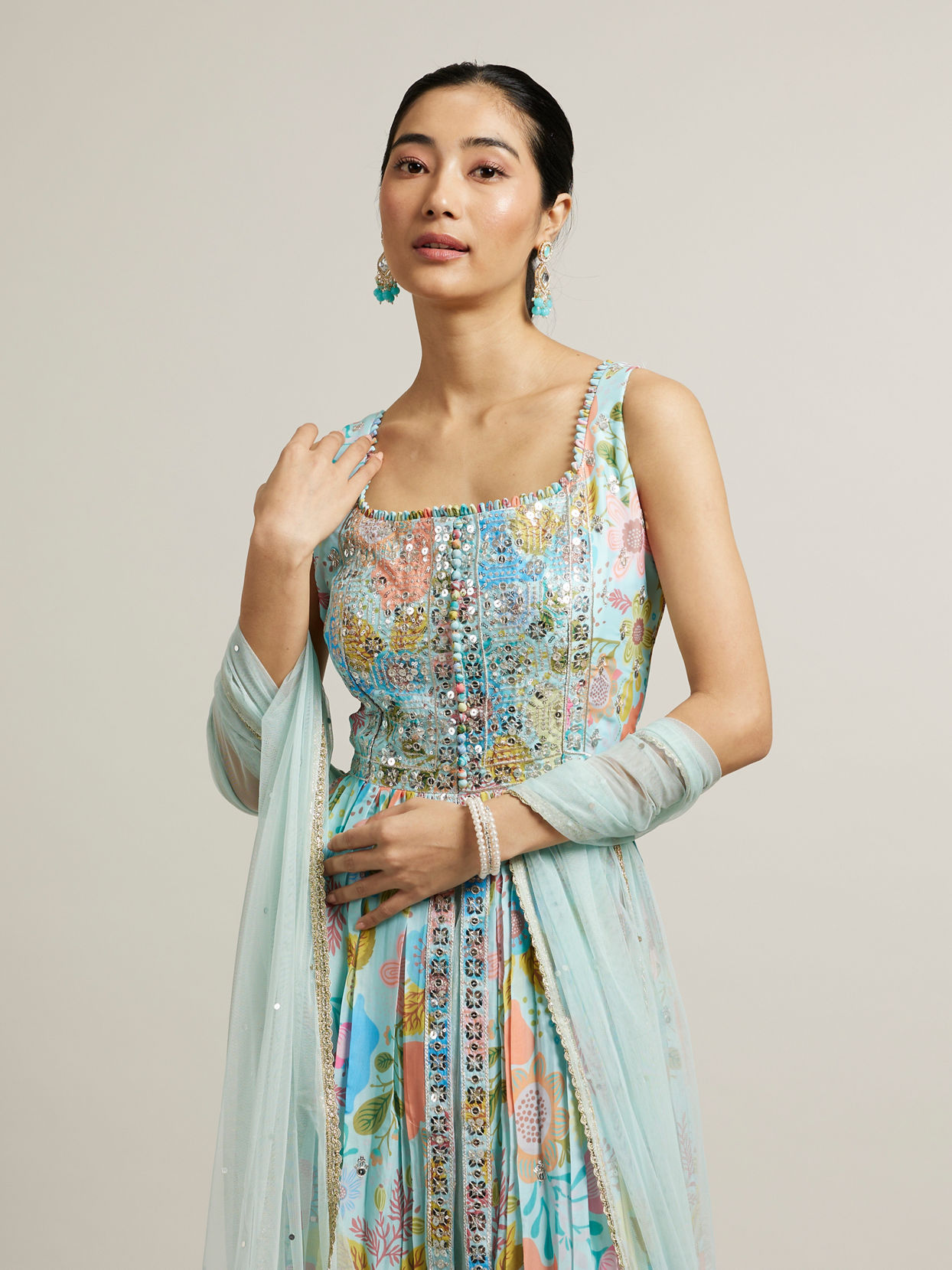 Mohey Women Light Blue Floral Printed Anarkali Suit with Sequin Work