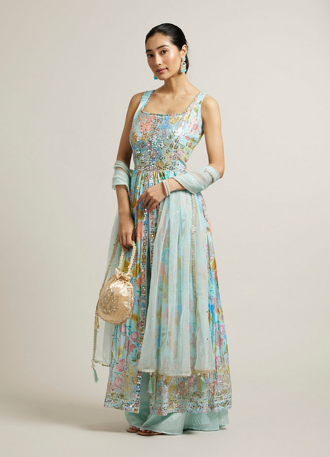 Mohey Women Light Blue Floral Printed Anarkali Suit with Sequin Work