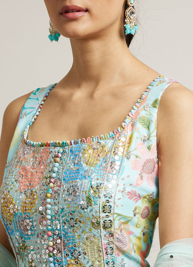 Mohey Women Light Blue Floral Printed Anarkali Suit with Sequin Work