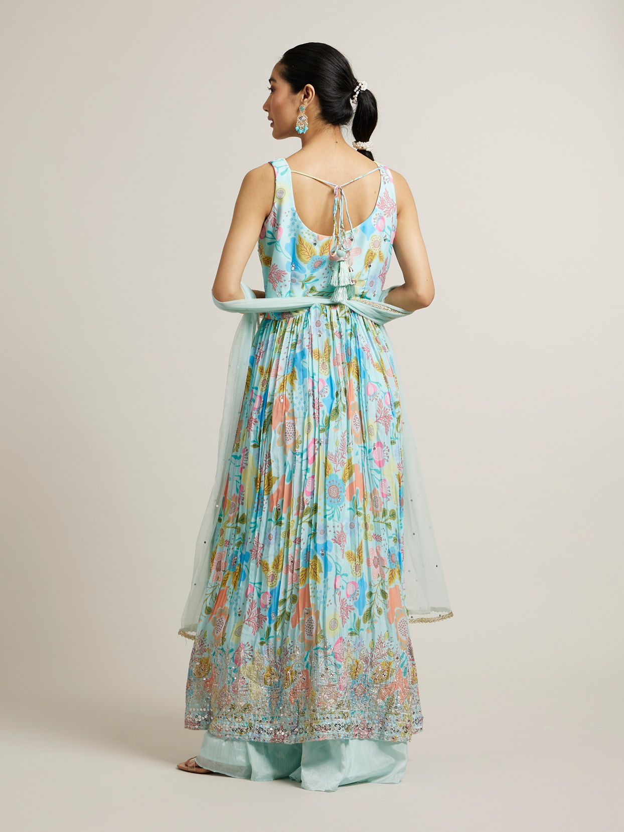 Mohey Women Light Blue Floral Printed Anarkali Suit with Sequin Work