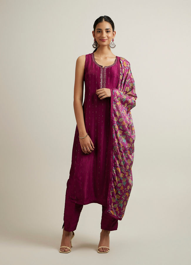 Mohey Women Dark Purple Linear Patterned Straight Suit