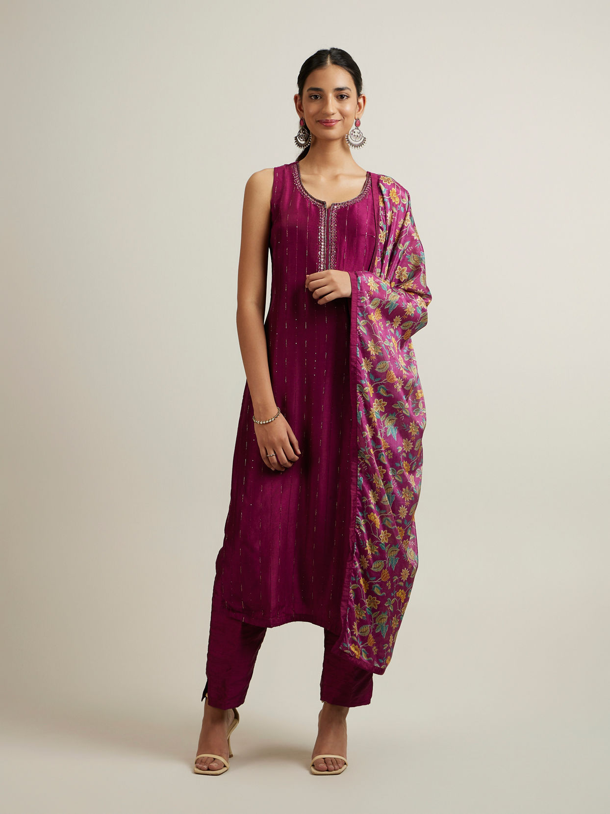 Mohey Women Dark Purple Linear Patterned Straight Suit