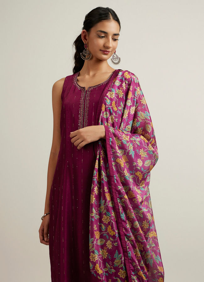 Mohey Women Dark Purple Linear Patterned Straight Suit