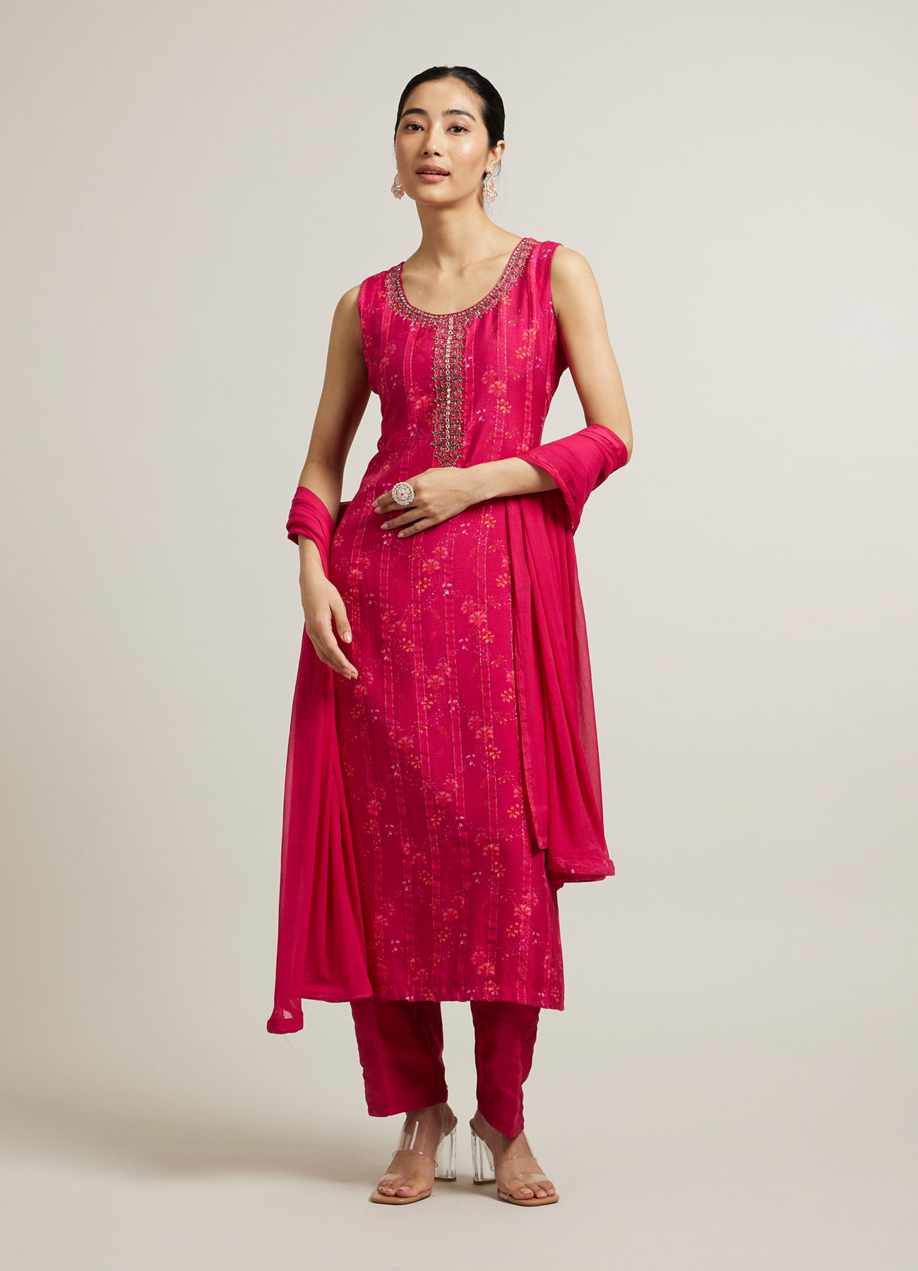Mohey Women Rani Pink Floral Print Straight Suit with Shimmery Stripes