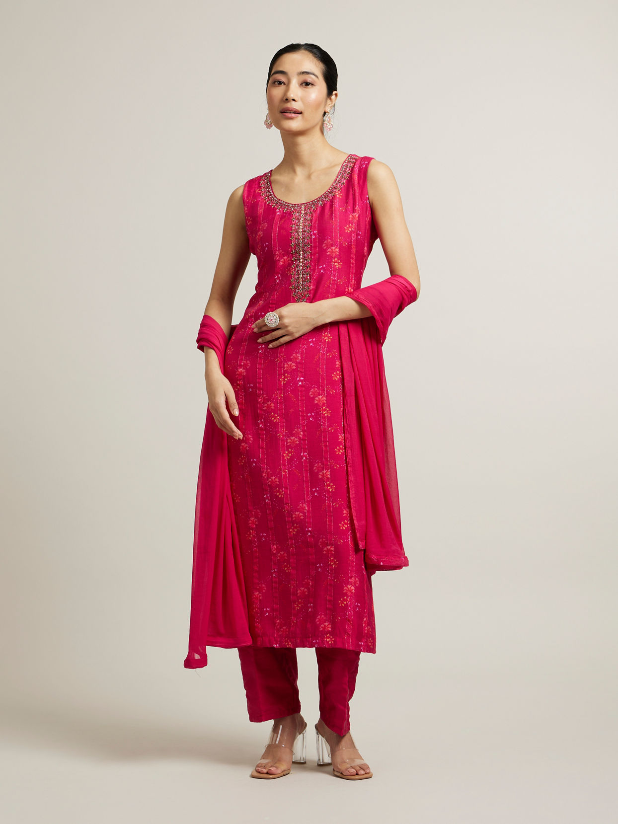 alt message - Mohey Women Rani Pink Floral Print Stitched Suit with Shimmery Stripes image number 0