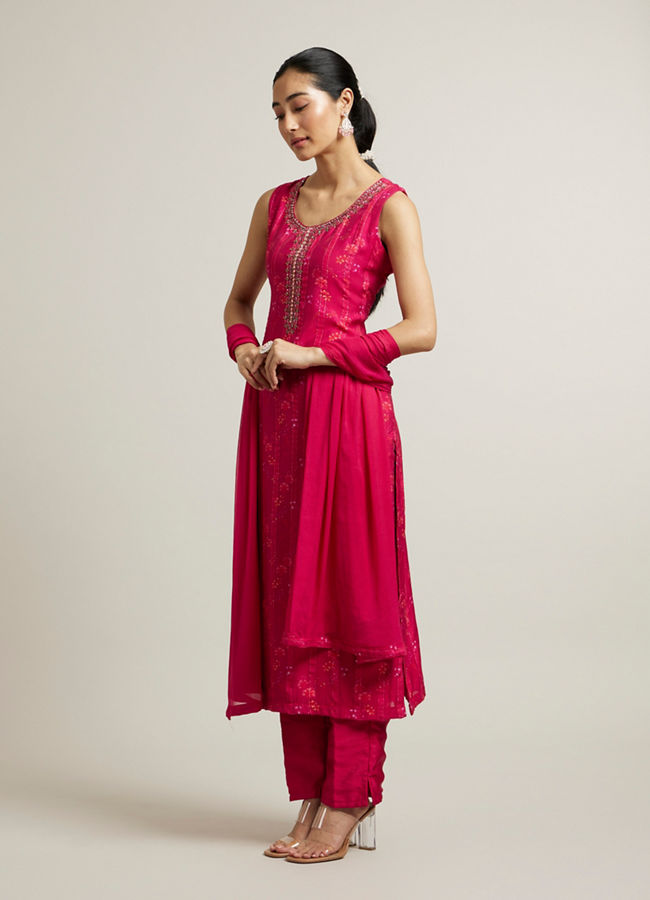 Mohey Women Rani Pink Floral Print Straight Suit with Shimmery Stripes