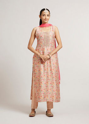 alt message - Mohey Women Peach Fuzz Bel Buti Printed Stitched Suit Set with Sequinned Neckline image number 0