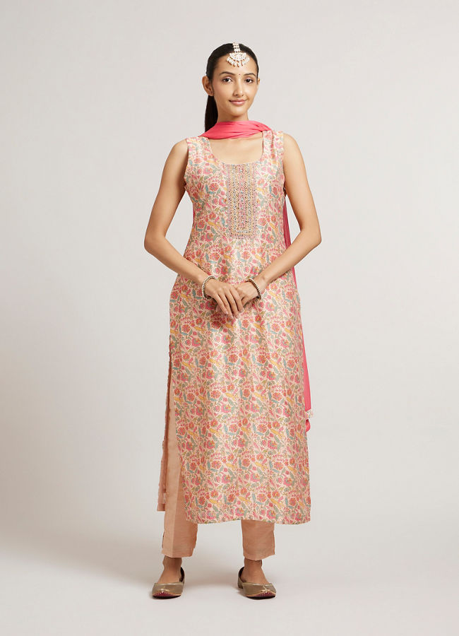 alt message - Mohey Women Peach Fuzz Bel Buti Printed Stitched Suit Set with Sequinned Neckline image number 0