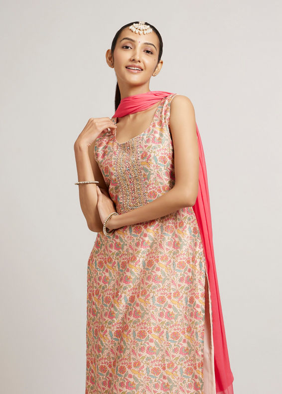 Mohey Women Peach Fuzz Bel Buti Printed Straight Suit Set with Sequinned Neckline