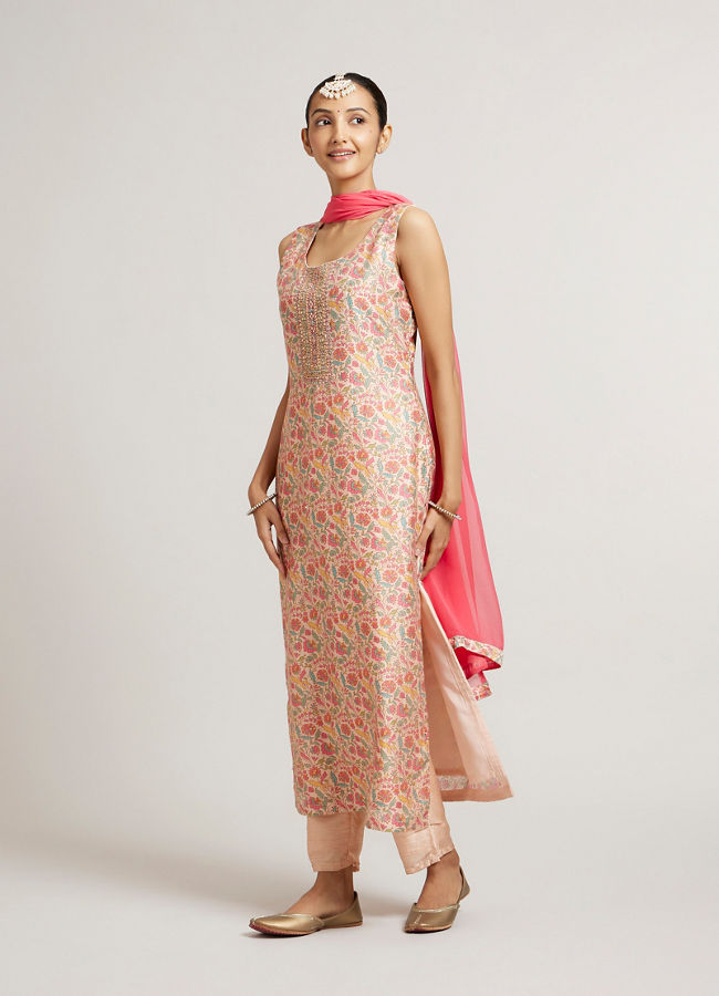 Mohey Women Peach Fuzz Bel Buti Printed Straight Suit Set with Sequinned Neckline