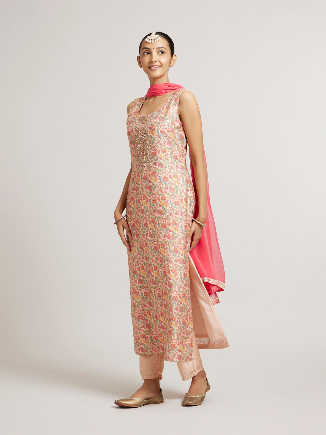 Mohey Women Peach Fuzz Bel Buti Printed Straight Suit Set with Sequinned Neckline