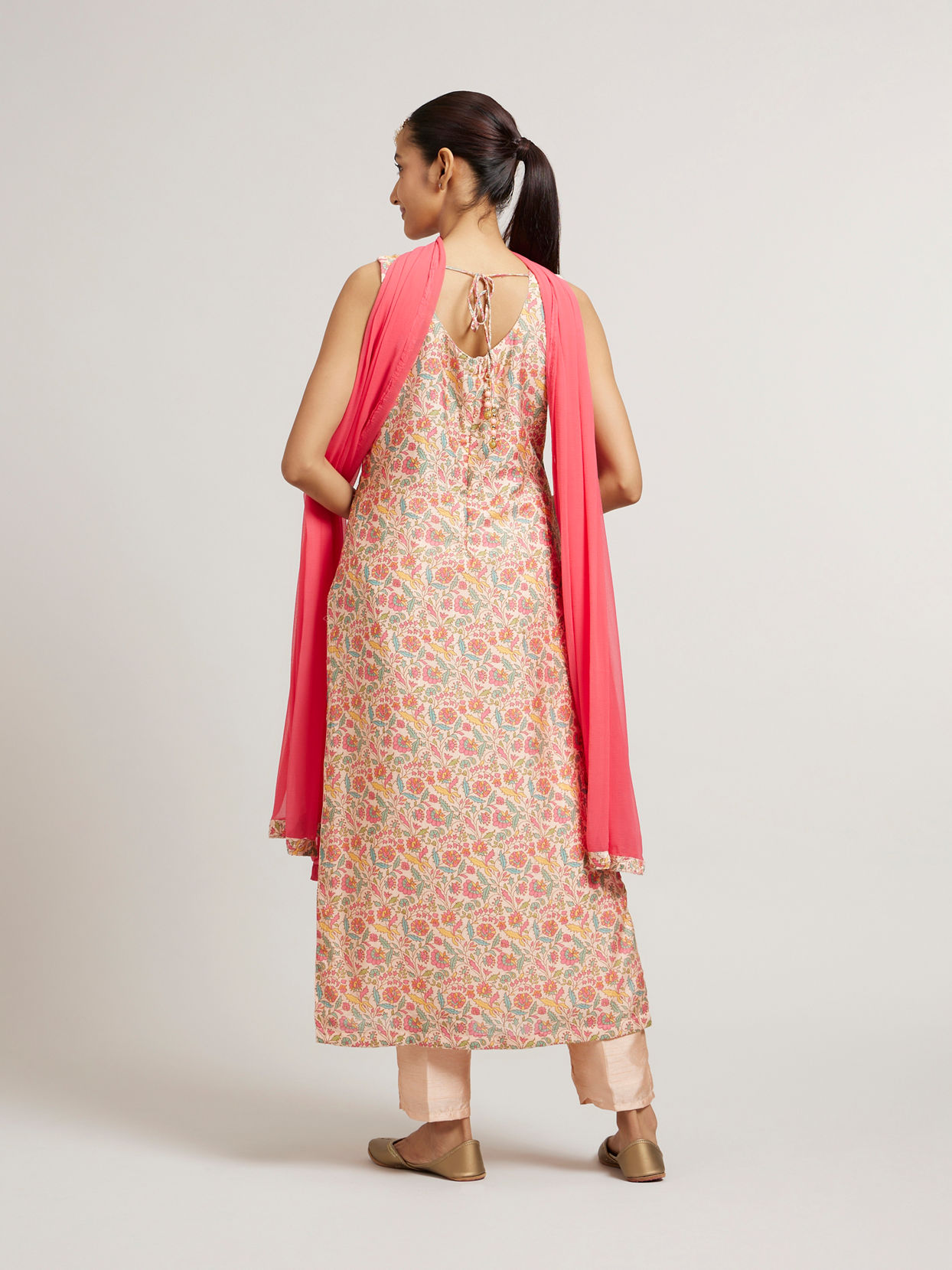 Mohey Women Peach Fuzz Bel Buti Printed Straight Suit Set with Sequinned Neckline