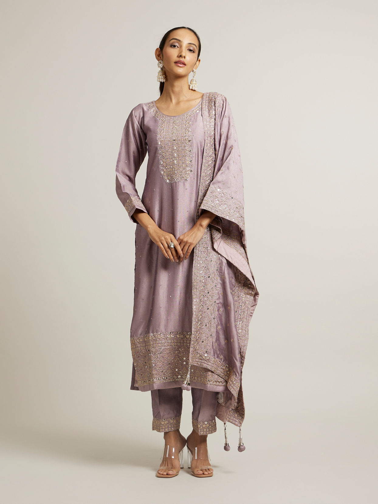 Mohey Women Light Purple Mirror & Sequin Embellished Straight Suit