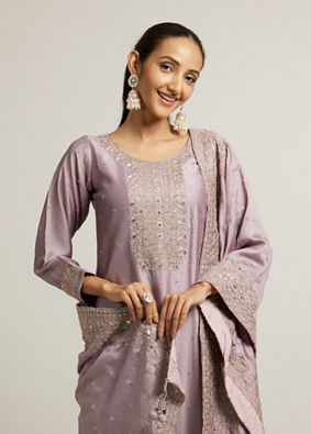 alt message - Mohey Women Light Purple Mirror & Sequin Embellished Stitched Suit image number 1