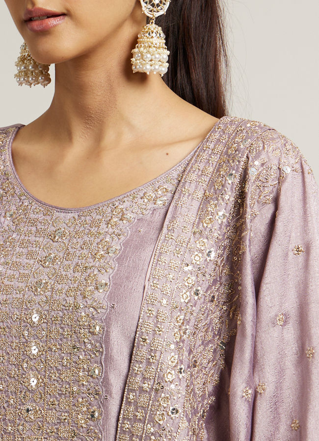 alt message - Mohey Women Light Purple Mirror & Sequin Embellished Stitched Suit image number 3