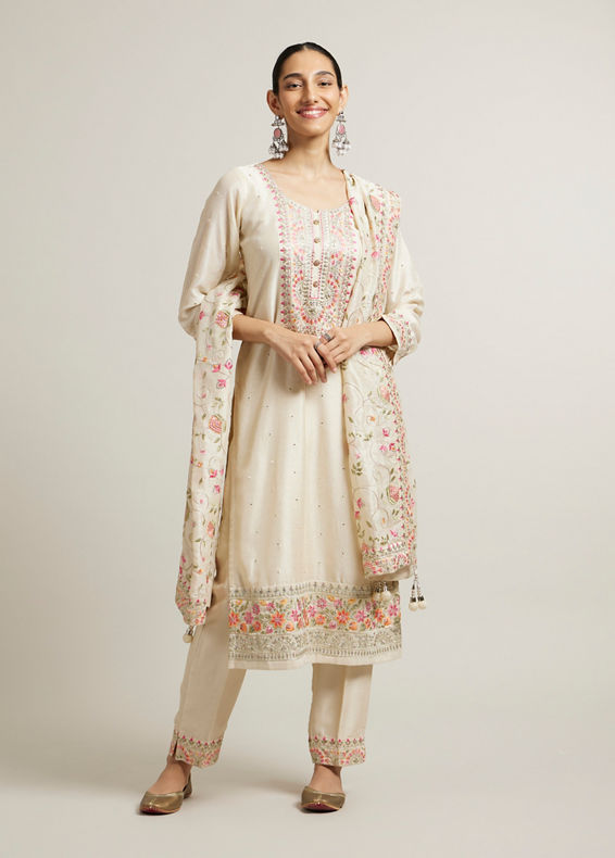 Mohey Women Light Cream Floral Embroidered Suit with Sequin Work