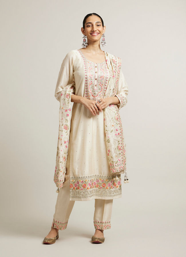 alt message - Mohey Women Light Cream Floral Embroidered Suit with Sequin Work image number 0