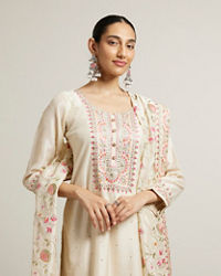 Mohey Women Light Cream Floral Embroidered Suit with Sequin Work