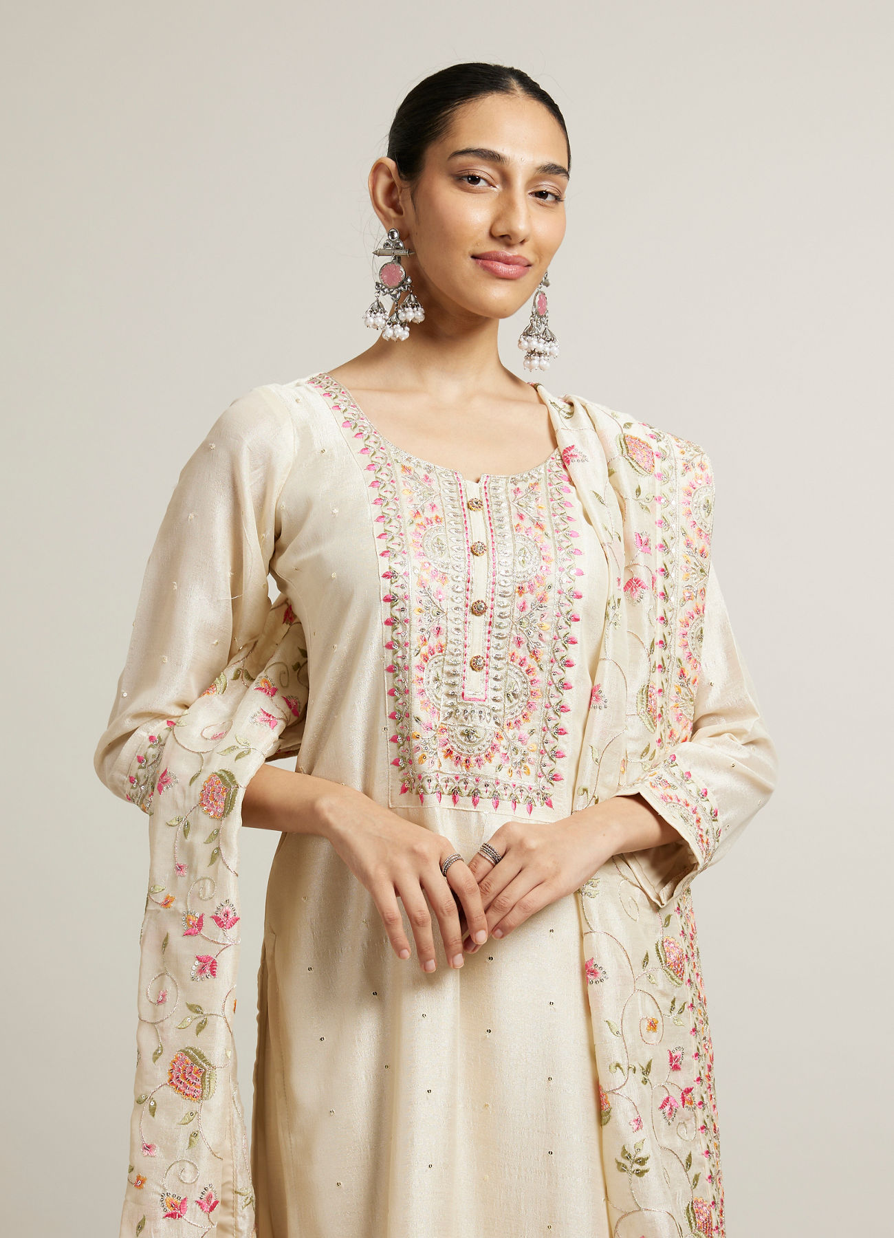 Mohey Women Light Cream Floral Embroidered Suit with Sequin Work