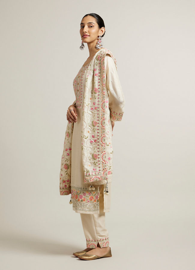 Mohey Women Light Cream Floral Embroidered Suit with Sequin Work