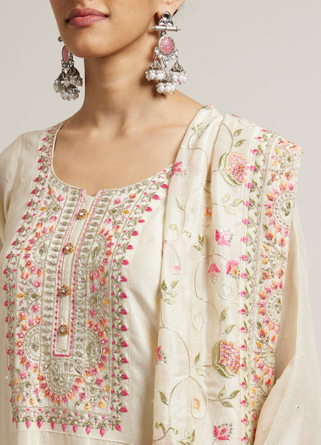 Mohey Women Light Cream Floral Embroidered Suit with Sequin Work