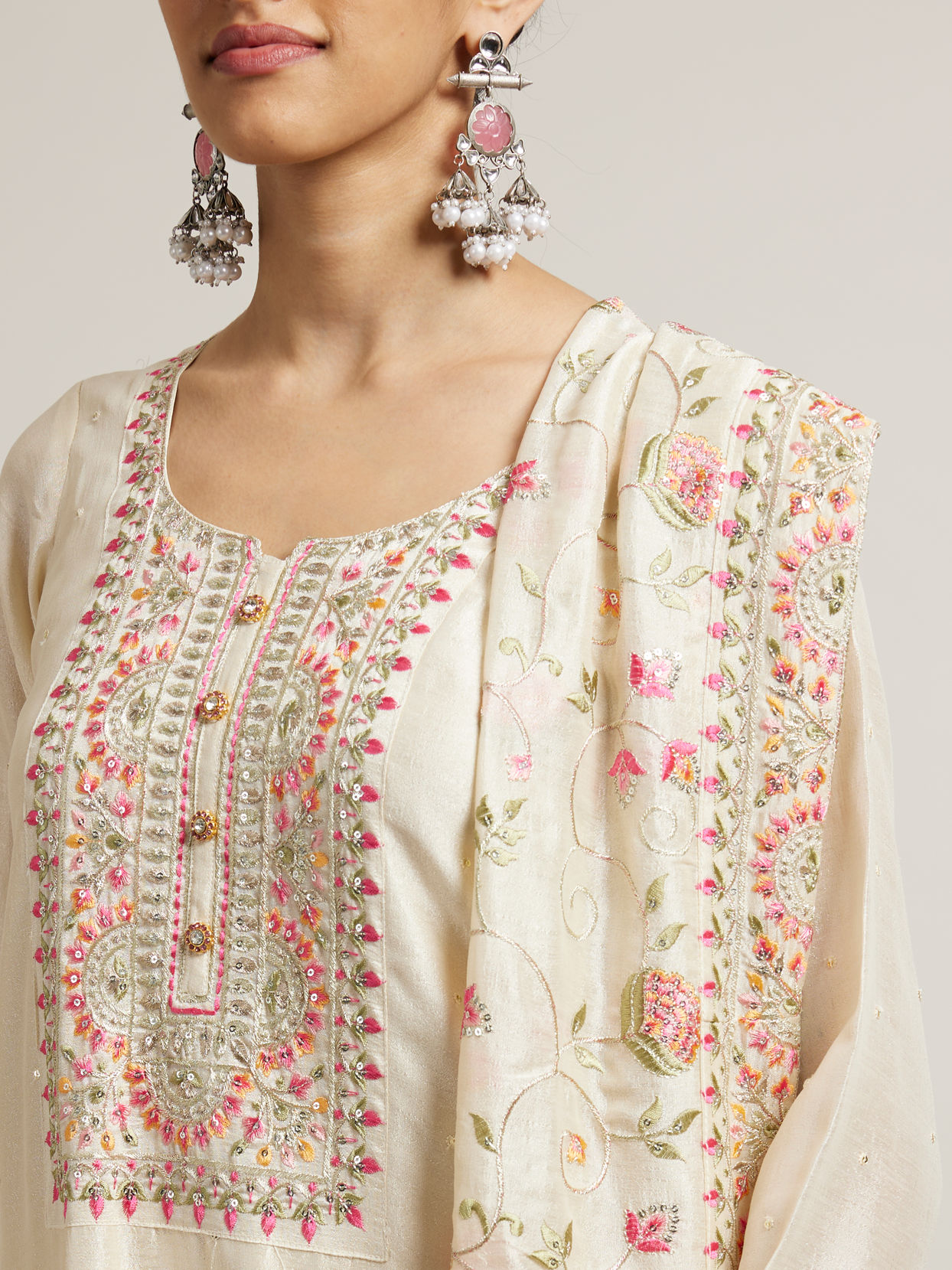 Mohey Women Light Cream Floral Embroidered Suit with Sequin Work