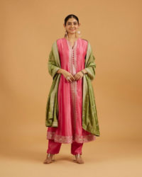 Mohey Women Flamingo Pink Suit Set with Linear Buta Embroidered Kurta and Potli Button Trims