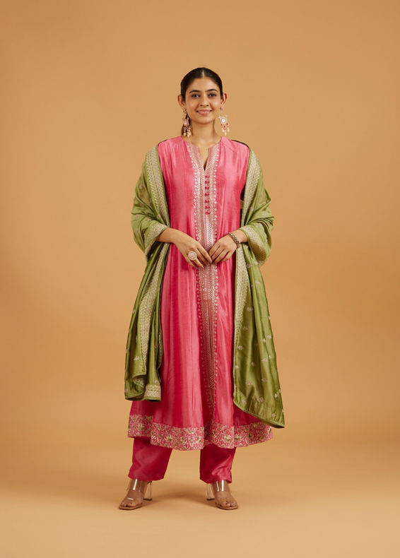 Mohey Women Flamingo Pink Suit Set with Linear Buta Embroidered Kurta and Potli Button Trims