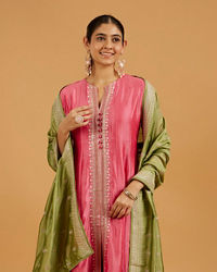 Mohey Women Flamingo Pink Suit Set with Linear Buta Embroidered Kurta and Potli Button Trims