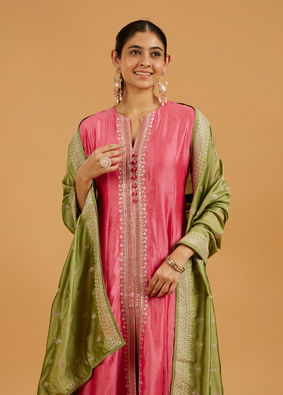 Mohey Women Flamingo Pink Anarkali Suit with Linear Buta Embroidered