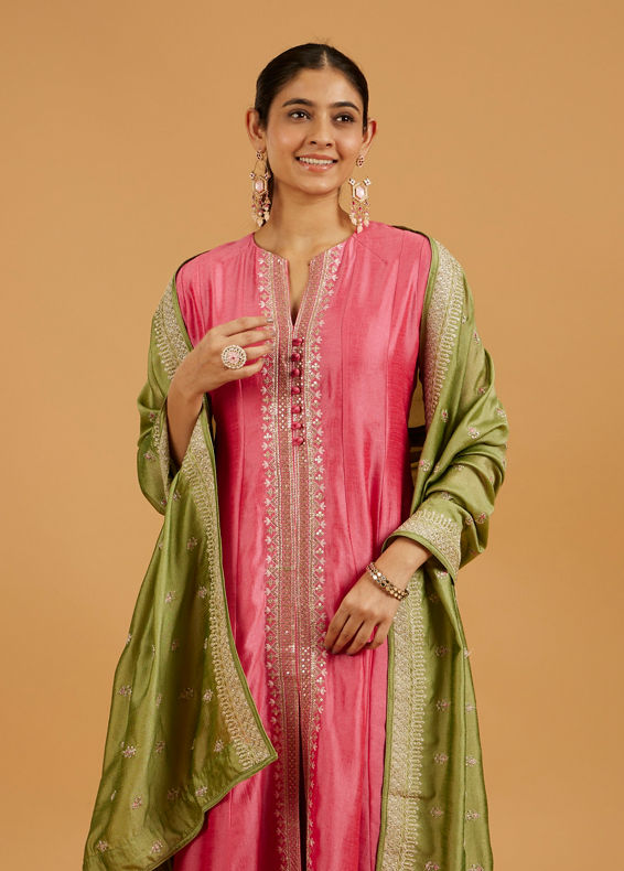 Mohey Women Flamingo Pink Suit Set with Linear Buta Embroidered Kurta and Potli Button Trims