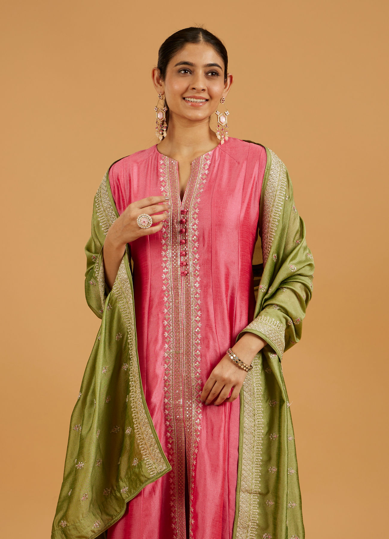 Mohey Women Flamingo Pink Suit Set with Linear Buta Embroidered Kurta and Potli Button Trims