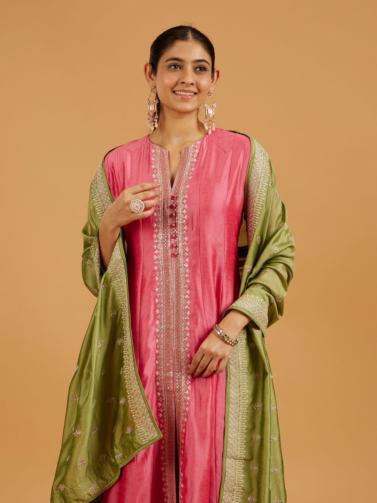Mohey Women Flamingo Pink Anarkali Suit with Linear Buta Embroidered