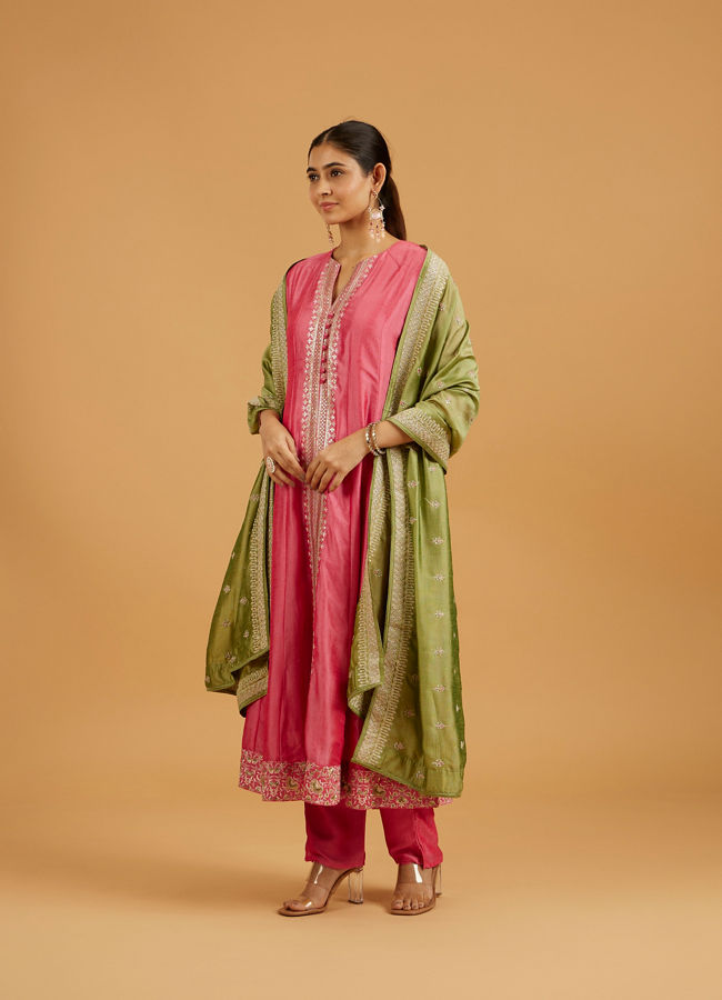 Mohey Women Flamingo Pink Anarkali Suit with Linear Buta Embroidered