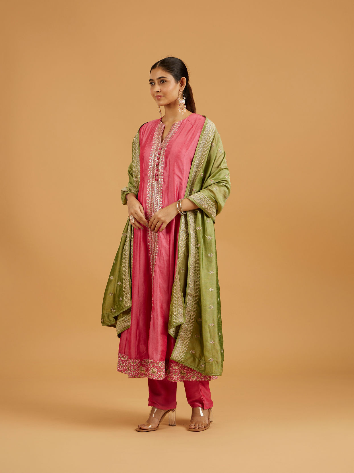 Mohey Women Flamingo Pink Anarkali Suit with Linear Buta Embroidered