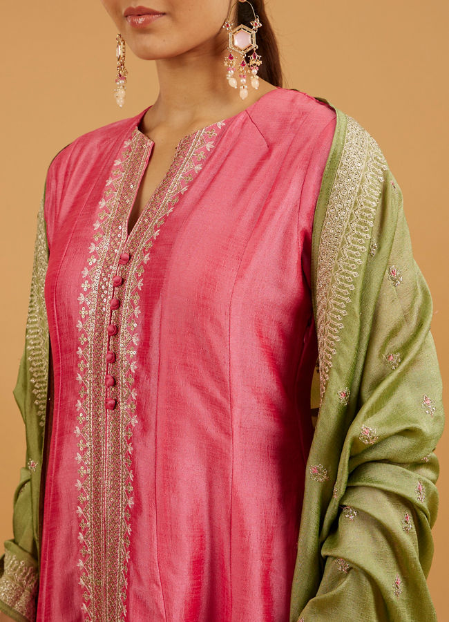 Mohey Women Flamingo Pink Anarkali Suit with Linear Buta Embroidered