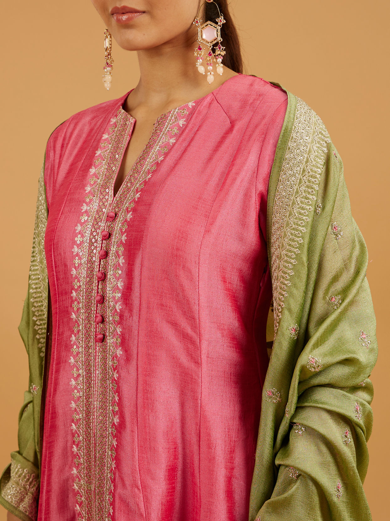 Mohey Women Flamingo Pink Anarkali Suit with Linear Buta Embroidered
