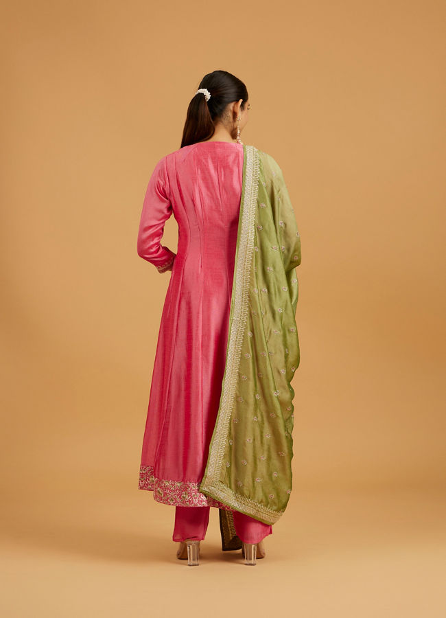 Mohey Women Flamingo Pink Anarkali Suit with Linear Buta Embroidered